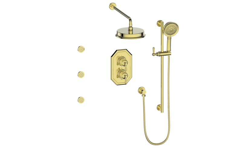 Vogt Carinthia 3-Function Thermostatic Shower System with 8" Rain Head, Hand Shower & Body Jets – Wall-Mount – Lever Handle – Brushed Gold – SET.C1.320.810.BG