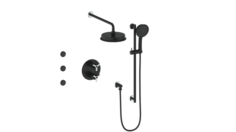 Vogt Zehn 3-Function Thermostatic Shower System with 8" Rain Head, Hand Shower & Body Jets – Wall-Mount – Matte Black / Chrome – SET.Z3.320.810.CB