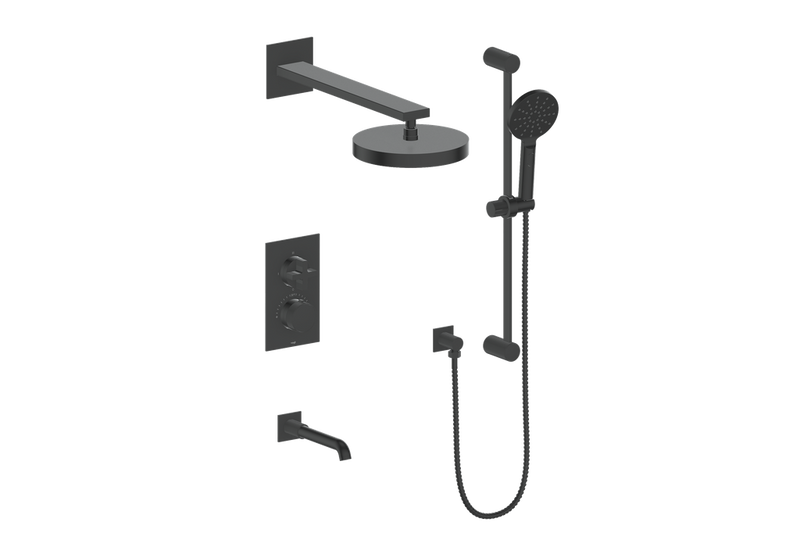 Vogt Mond 3-Function Thermostatic Tub & Shower System with 10" Rain Head, Hand Shower & Tub Spout – Wall-Mount – Matte Black – SET.M3.320.310.MB