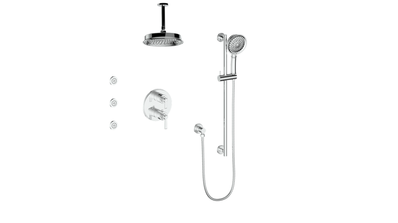 Vogt Zehn 3-Function Thermostatic Shower System with 8" Rain Head, Hand Shower & Body Jets – Ceiling-Mount – Chrome – SET.Z1.320.816.CC