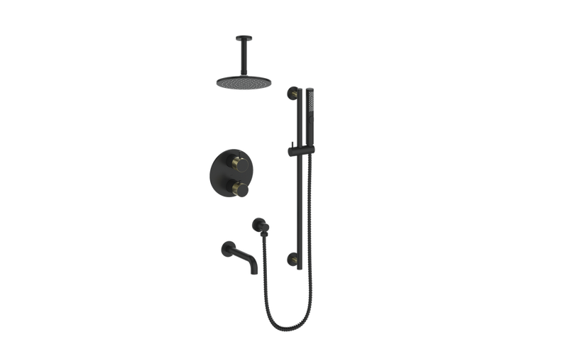 Vogt Drava 3-Function Thermostatic Tub & Shower System with 8" Rain Head, Hand Shower & Tub Spout – Ceiling-Mount – Matte Black / Brushed Gold – SET.DA.320.316.BGB