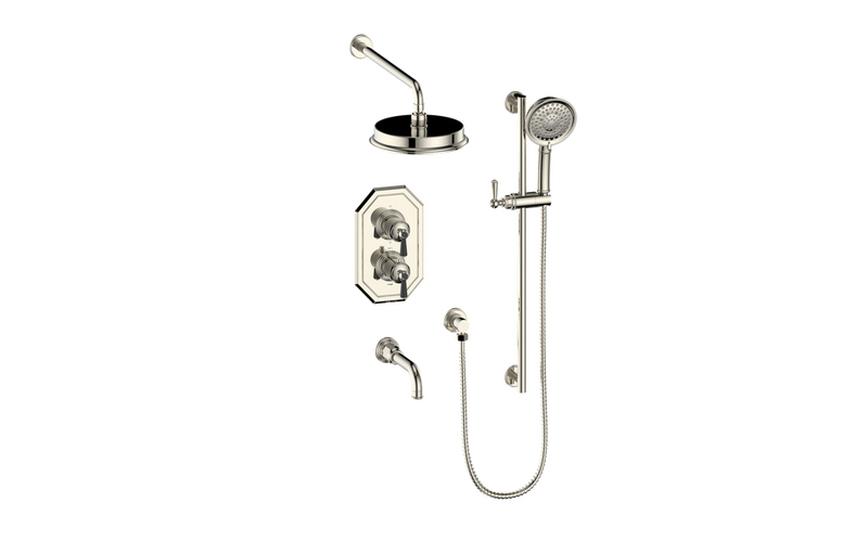 Vogt Carinthia 3-Function Thermostatic Tub & Shower System with 8" Rain Head, Hand Shower & Tub Spout – Wall-Mount – Polished Nickel / Matte Black – SET.C11.320.310.PB