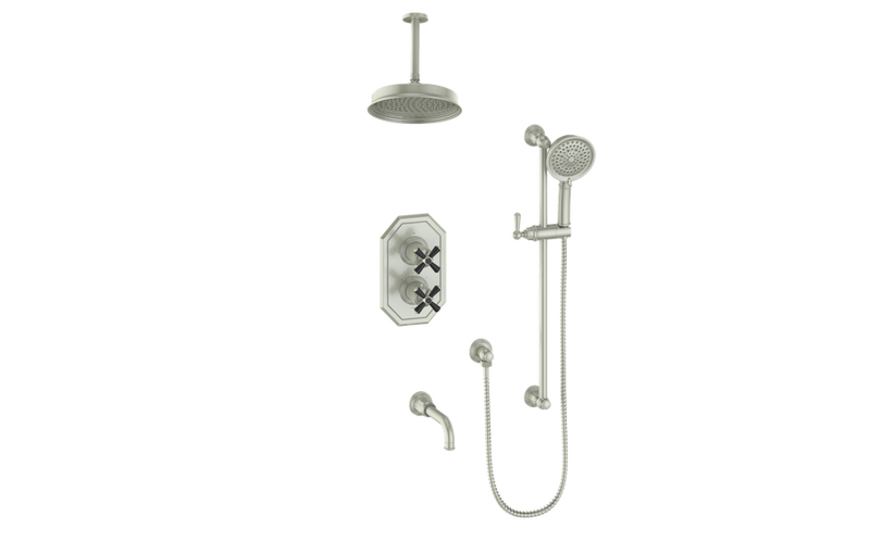 Vogt Carinthia 3-Function Thermostatic Tub & Shower System with 8" Rain Head, Hand Shower & Tub Spout – Ceiling-Mount – Brushed Nickel / Matte Black – SET.C31.320.316.BB