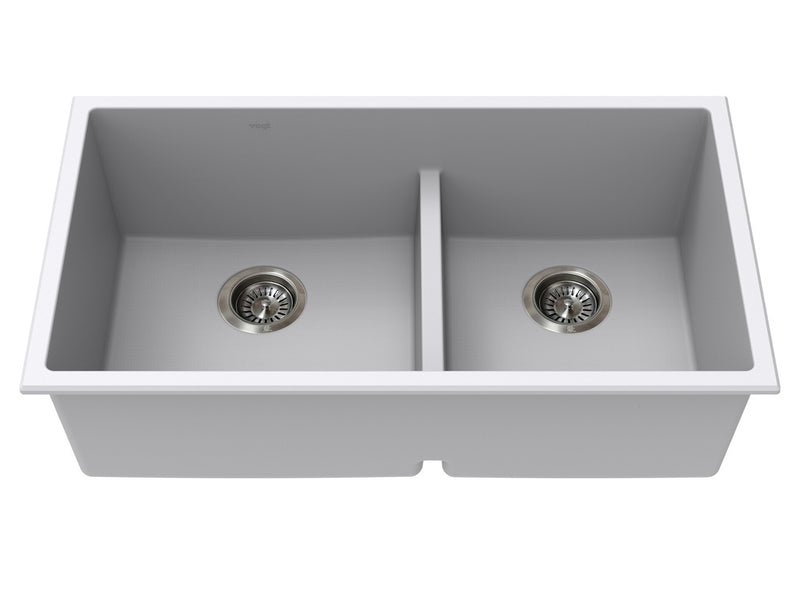 Vogt Villach GS Low Divide 32" Low-Divide Offset Double-Bowl Vogranite Kitchen Sink – Powder Grey – KS.3218.VL05G-61