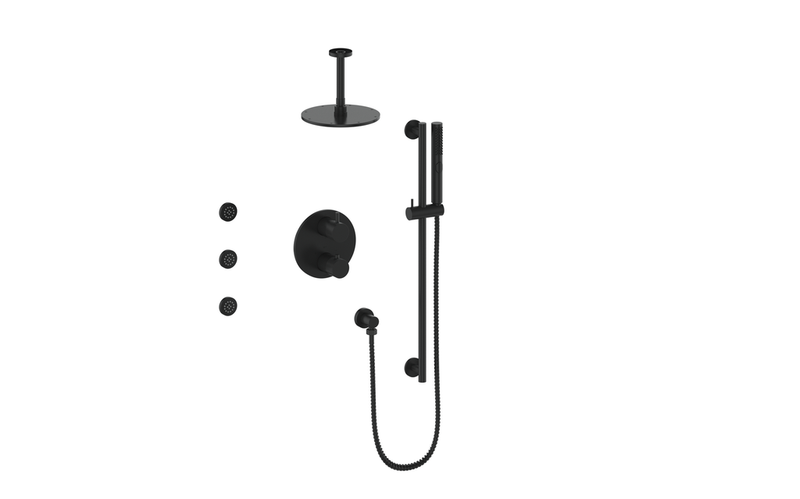 Vogt Drava 3-Function Thermostatic Shower System with 8" Rain Head, Hand Shower & Body Jets – Ceiling-Mount – Matte Black – SET.DA.320.816.MB