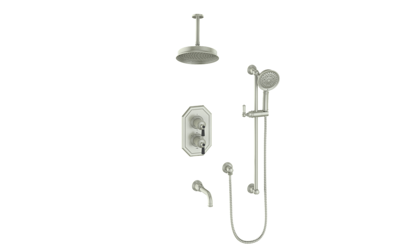 Vogt Carinthia 3-Function Thermostatic Tub & Shower System with 8" Rain Head, Hand Shower & Tub Spout – Ceiling-Mount – Brushed Nickel / Matte Black – SET.C21.320.316.BB