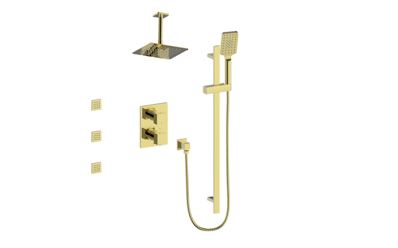 Vogt Kapfenberg 3-Function Thermostatic Shower System with 10" Rain Head, Hand Shower & Body Jets – Ceiling-Mount – Brushed Gold – SET.KG.320.816.BG