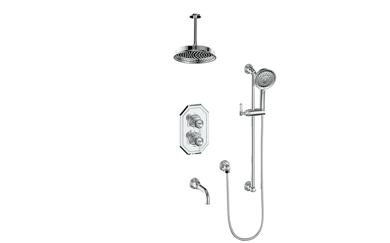 Vogt Carinthia 3-Function Thermostatic Tub & Shower System with 8" Rain Head, Hand Shower & Tub Spout – Ceiling-Mount – Chrome – SET.C21.320.316.CC