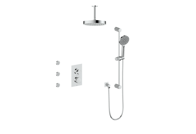 Vogt Mond 3-Function Thermostatic Shower System with 10" Rain Head, Hand Shower & Body Jets – Ceiling-Mount – Chrome – SET.M2.320.816.CC