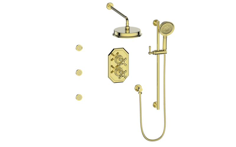 Vogt Carinthia 3-Function Thermostatic Shower System with 8" Rain Head, Hand Shower & Body Jets – Wall-Mount – Cross Handle – Brushed Gold – SET.C3.320.810.BG
