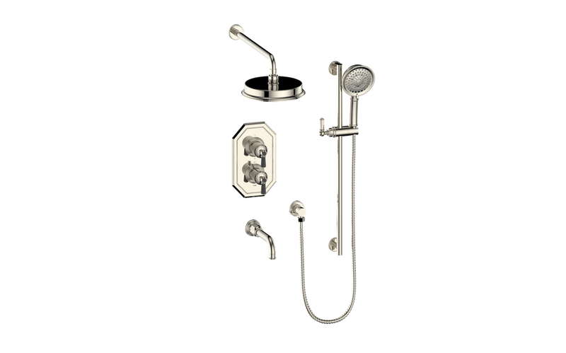 Vogt Carinthia 3-Function Thermostatic Tub & Shower System with 8" Rain Head, Hand Shower & Tub Spout – Wall-Mount – Polished Nickel / Matte Black – SET.C21.320.310.PB