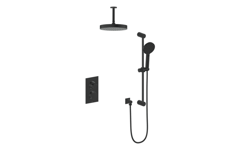 Vogt Mond 2-Function Thermostatic Shower System with 10" Rain Head & Hand Shower – Ceiling-Mount – Matte Black – SET.M2.220.216.MB