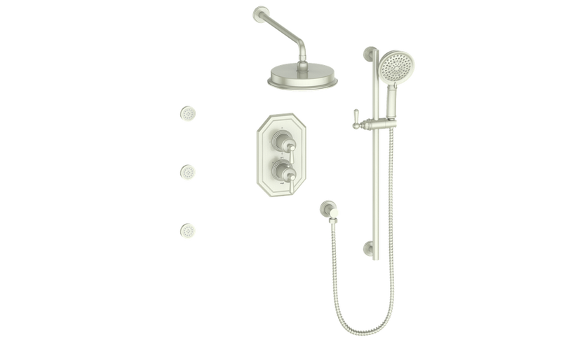 Vogt Carinthia 3-Function Thermostatic Shower System with 8" Rain Head, Hand Shower & Body Jets – Wall-Mount – Lever Handle – Brushed Nickel – SET.C1.320.810.BN