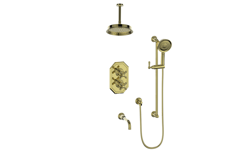 Vogt Carinthia 3-Function Thermostatic Tub & Shower System with 8" Rain Head, Hand Shower & Tub Spout – Ceiling-Mount – Brushed Gold – SET.C31.320.316.BG