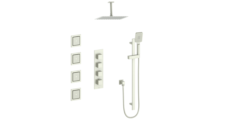 Vogt Kapfenberg 3/4" High-Flow Thermostatic Shower System with 12" Rain Head, Hand Shower & Body Jets – Ceiling-Mount – Brushed Nickel – SET.KG.350.936.BN