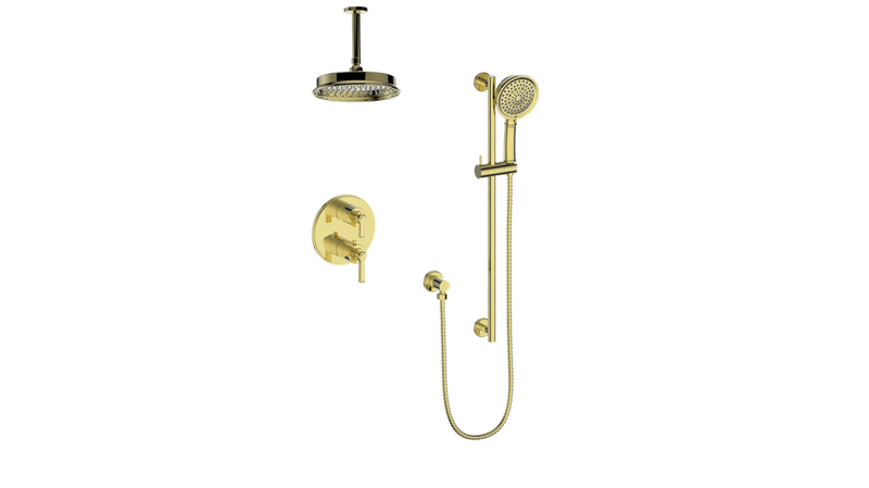 Vogt Zehn 2-Function Thermostatic Shower System with 8" Rain Head & Hand Shower – Ceiling-Mount – Brushed Gold – SET.Z1.220.216.BG