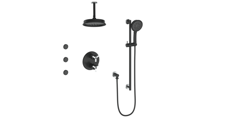 Vogt Zehn 3-Function Thermostatic Shower System with 8" Rain Head, Hand Shower & Body Jets – Ceiling-Mount – Matte Black / Stainless Steel – SET.Z3.320.816.SB