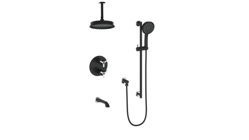 Vogt Zehn 3-Function Thermostatic Tub & Shower System with 8" Rain Head, Hand Shower & Tub Spout – Ceiling-Mount – Matte Black / Chrome – SET.Z3.320.316.CB