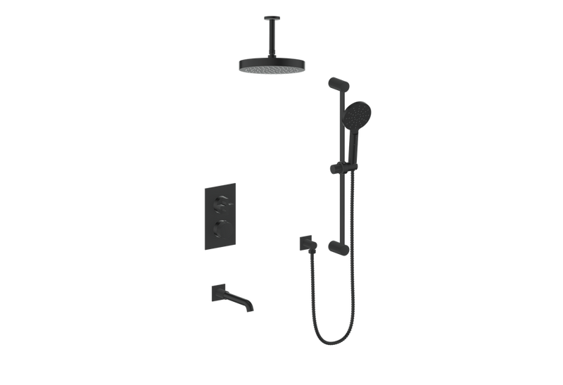 Vogt Mond 3-Function Thermostatic Tub & Shower System with 10" Rain Head, Hand Shower & Tub Spout – Ceiling-Mount – Matte Black – SET.M3.320.316.MB