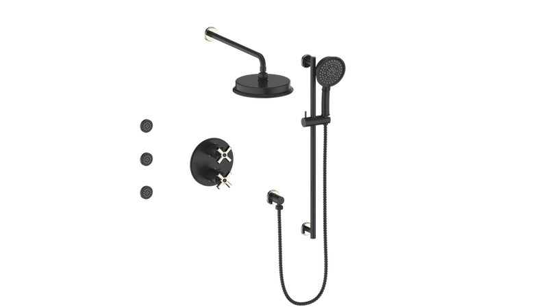Vogt Zehn 3-Function Thermostatic Shower System with 8" Rain Head, Hand Shower & Body Jets – Wall-Mount – Matte Black / Polished Nickel – SET.Z4.320.810.PB
