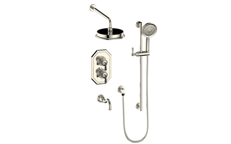 Vogt Carinthia 3-Function Thermostatic Tub & Shower System with 8" Rain Head, Hand Shower & Tub Spout – Wall-Mount – Polished Nickel / Matte Black – SET.C12.320.310.PB