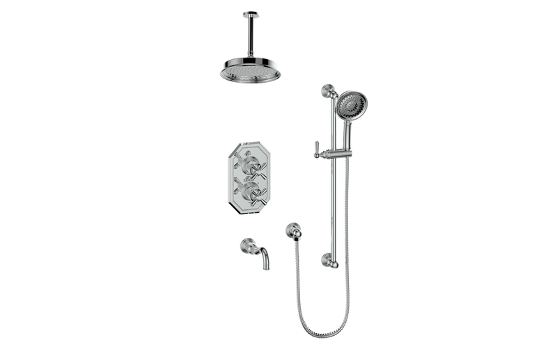 Vogt Carinthia 3-Function Thermostatic Tub & Shower System with 8" Rain Head, Hand Shower & Tub Spout – Ceiling-Mount – Chrome – SET.C32.320.316.CC