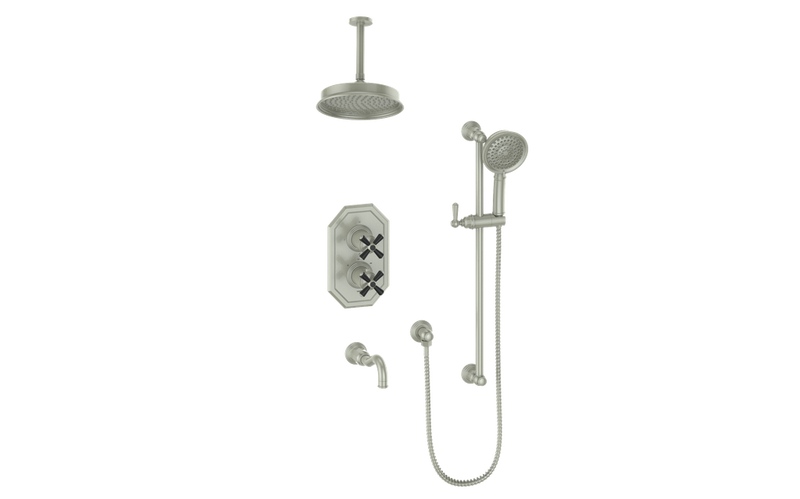 Vogt Carinthia 3-Function Thermostatic Tub & Shower System with 8" Rain Head, Hand Shower & Tub Spout – Ceiling-Mount – Brushed Nickel / Matte Black – SET.C32.320.316.BB