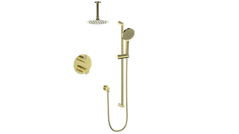 Vogt Worgl 2-Function Thermostatic Shower System with 8" Rain Head & Hand Shower – Ceiling-Mount – Brushed Gold – SET.WL.220.216.BG