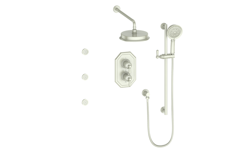 Vogt Carinthia 3-Function Thermostatic Shower System with 8" Rain Head, Hand Shower & Body Jets – Wall-Mount – Octagonal Handle – Brushed Nickel – SET.C2.320.810.BN
