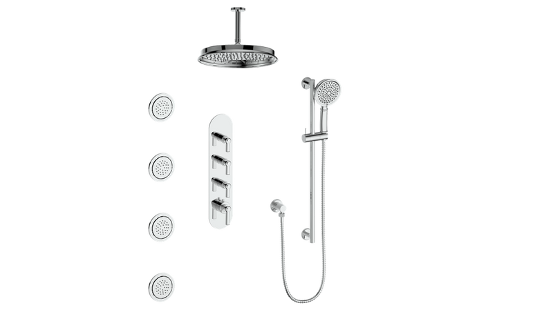 Vogt Zehn 3/4" High-Flow Thermostatic Shower System with 12" Rain Head, Hand Shower & Body Jets – Ceiling-Mount – Chrome – SET.Z1.350.936.CC