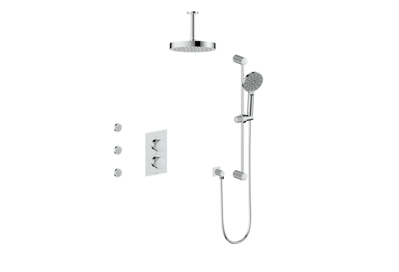 Vogt Mond 3-Function Thermostatic Shower System with 10" Rain Head, Hand Shower & Body Jets – Ceiling-Mount – Chrome – SET.M1.320.816.CC