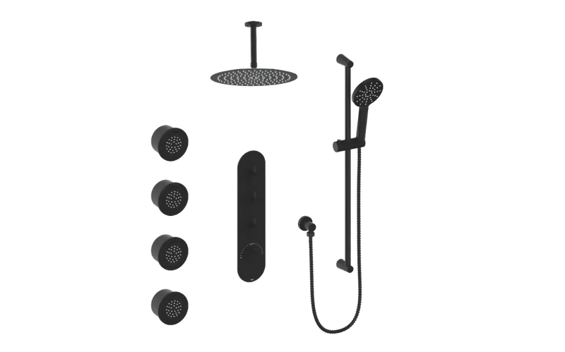Vogt Worgl 3/4" High-Flow Thermostatic Shower System with 12" Rain Head, Hand Shower & Body Jets – Ceiling-Mount – Matte Black – SET.WL.350.936.MB