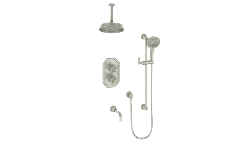 Vogt Carinthia 3-Function Thermostatic Tub & Shower System with 8" Rain Head, Hand Shower & Tub Spout – Ceiling-Mount – Brushed Nickel – SET.C31.320.316.BN