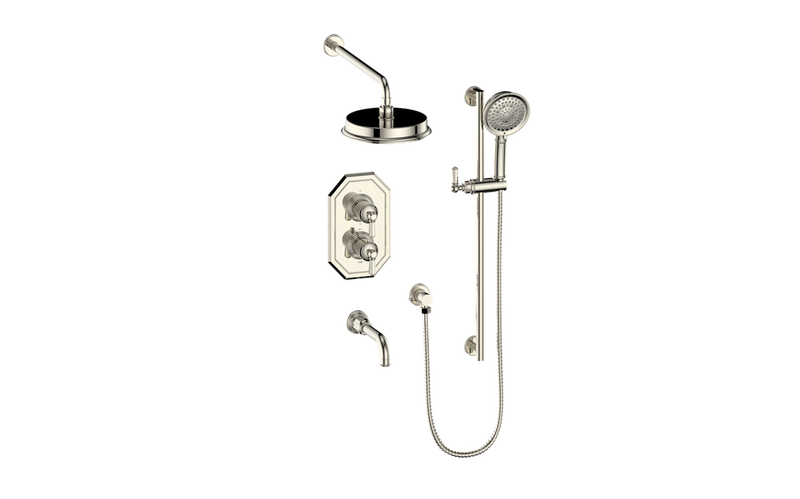 Vogt Carinthia 3-Function Thermostatic Tub & Shower System with 8" Rain Head, Hand Shower & Tub Spout – Wall-Mount – Polished Nickel – SET.C21.320.310.PN