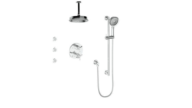 Vogt Zehn 3-Function Thermostatic Shower System with 8" Rain Head, Hand Shower & Body Jets – Ceiling-Mount – Chrome – SET.Z3.320.816.CC