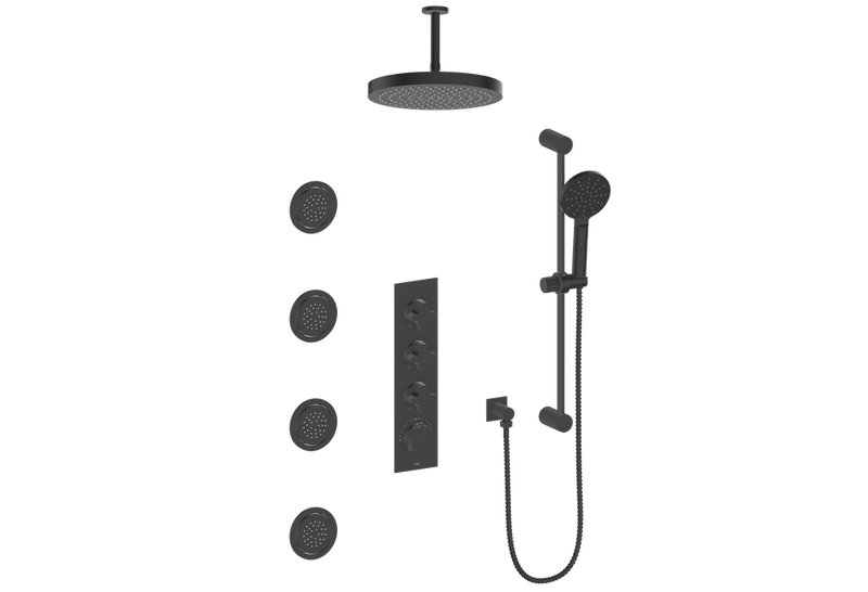 Vogt Mond 3/4" High-Flow Thermostatic Shower System with Body Jets and 6" Ceiling Arm Thermostatic Shower System with 12" Rain Head, Hand Shower & Body Jets – Ceiling-Mount – 3/4" Valve – Matte Black – SET.M2.350.936.MB