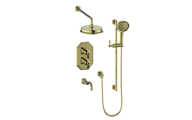 Vogt Carinthia 3-Function Thermostatic Tub & Shower System with 8" Rain Head, Hand Shower & Tub Spout – Wall-Mount – Brushed Gold / Matte Black – SET.C22.320.310.BGB