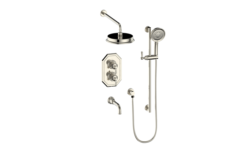 Vogt Carinthia 3-Function Thermostatic Tub & Shower System with 8" Rain Head, Hand Shower & Tub Spout – Wall-Mount – Polished Nickel – SET.C11.320.310.PN