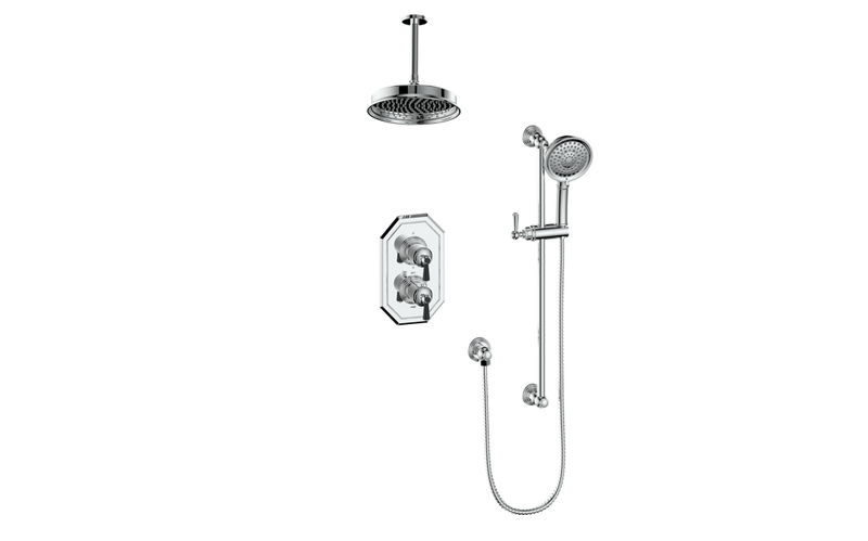 Vogt Carinthia 2-Function Thermostatic Shower System with 8" Rain Head & Hand Shower – Ceiling-Mount – Lever Handle – Chrome / Matte Black – SET.C1.220.216.CB