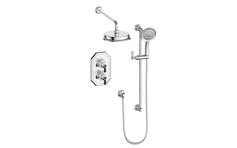 Vogt Carinthia 2-Function Thermostatic Shower System with 8" Rain Head & Hand Shower – Wall-Mount – Octagonal Handle – Chrome / Matte Black – SET.C2.220.210.CB