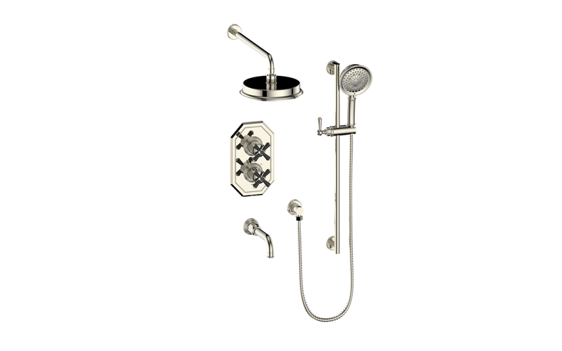 Vogt Carinthia 3-Function Thermostatic Tub & Shower System with 8" Rain Head, Hand Shower & Tub Spout – Wall-Mount – Polished Nickel / Matte Black – SET.C31.320.310.PB