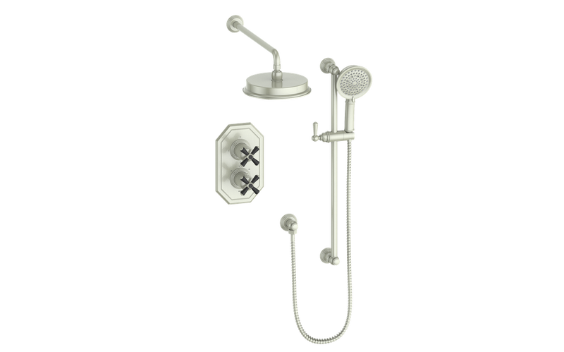 Vogt Carinthia 2-Function Thermostatic Shower System with 8" Rain Head & Hand Shower – Wall-Mount – Cross Handle – Brushed Nickel / Matte Black – SET.C3.220.210.BB