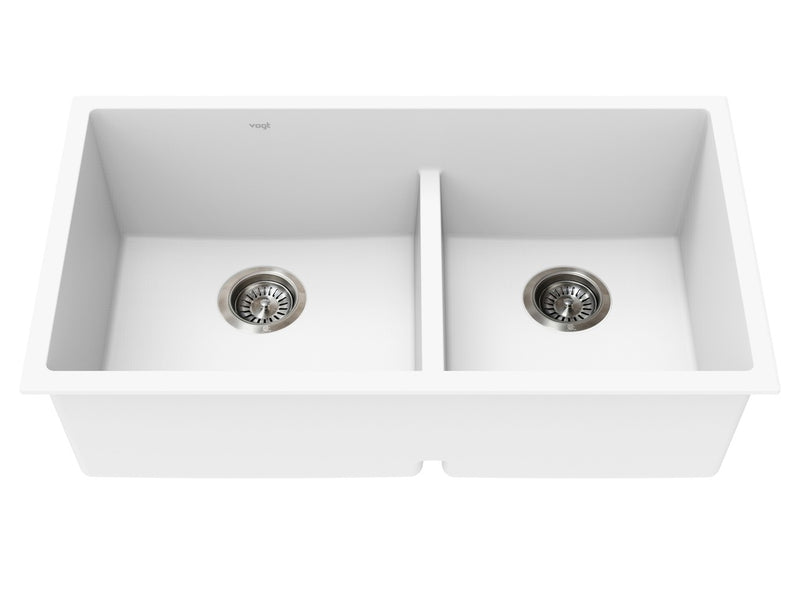 Vogt Villach GS Low Divide 32" Low-Divide Offset Double-Bowl Vogranite Kitchen Sink – Frost White – KS.3218.VL04G-61