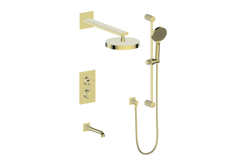 Vogt Mond 3-Function Thermostatic Tub & Shower System with 10" Rain Head, Hand Shower & Tub Spout – Wall-Mount – Brushed Gold – SET.M2.320.310.BG