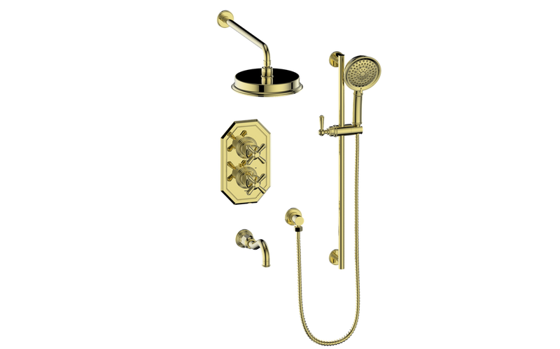 Vogt Carinthia 3-Function Thermostatic Tub & Shower System with 8" Rain Head, Hand Shower & Tub Spout – Wall-Mount – Brushed Gold – SET.C32.320.310.BG