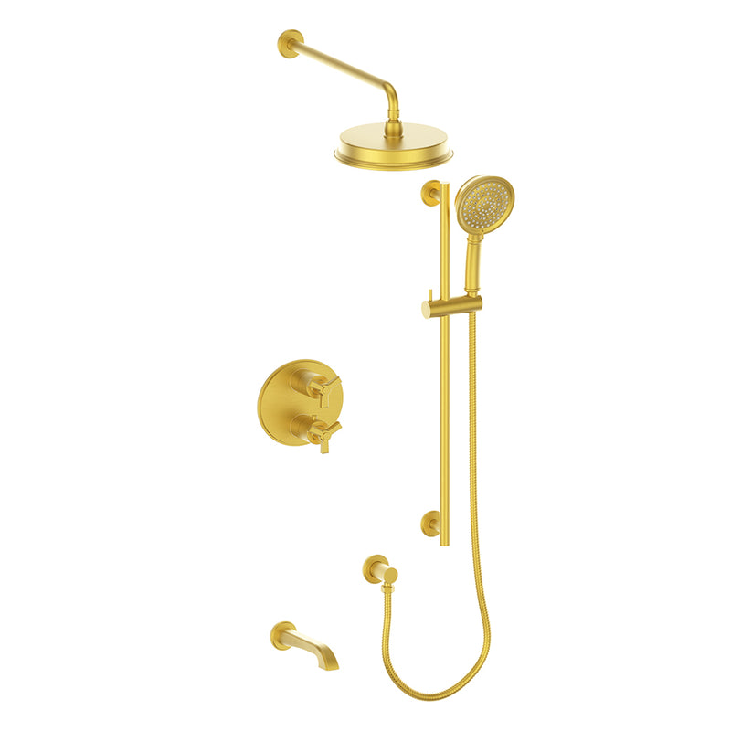 Vogt Zehn 3-Function Thermostatic Tub & Shower System with 8" Rain Head, Hand Shower & Tub Spout – Wall-Mount – Brushed Gold – SET.Z3.320.310.BG