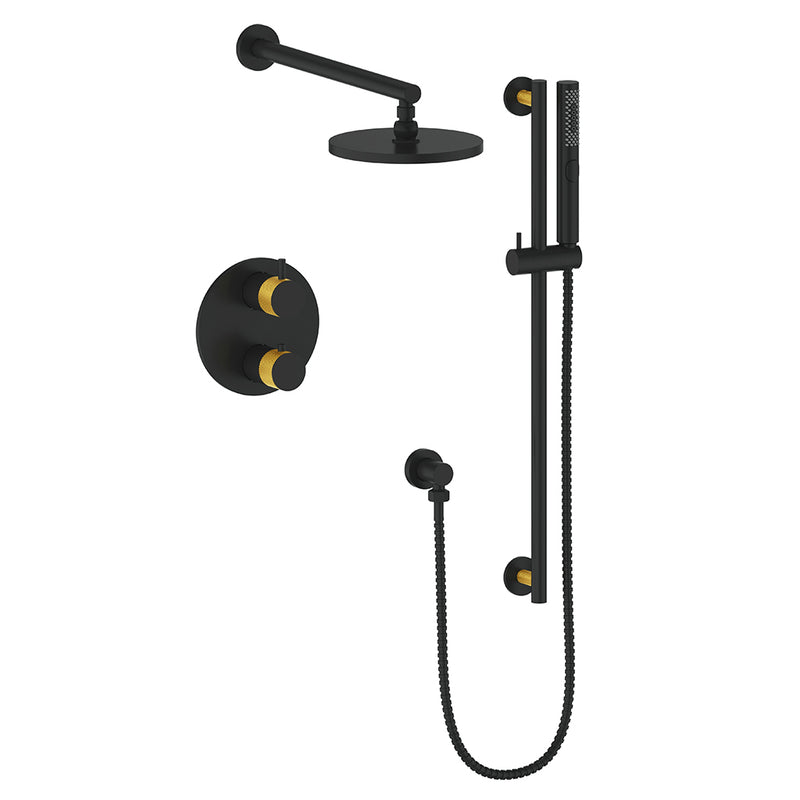 Vogt Drava 2-Function Thermostatic Shower System with 8" Rain Head & Hand Shower – Wall-Mount – Matte Black / Brushed Gold – SET.DA.220.210.BGB