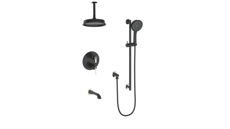 Vogt Zehn 3-Function Thermostatic Tub & Shower System with 8" Rain Head, Hand Shower & Tub Spout – Ceiling-Mount – Matte Black / Polished Nickel – SET.Z1.320.316.PB