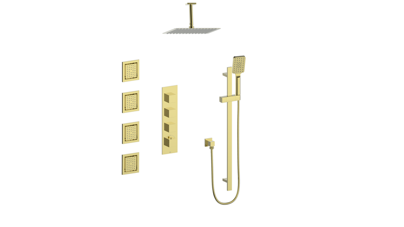 Vogt Kapfenberg 3/4" High-Flow Thermostatic Shower System with 12" Rain Head, Hand Shower & Body Jets – Ceiling-Mount – Brushed Gold – SET.KG.350.936.BG