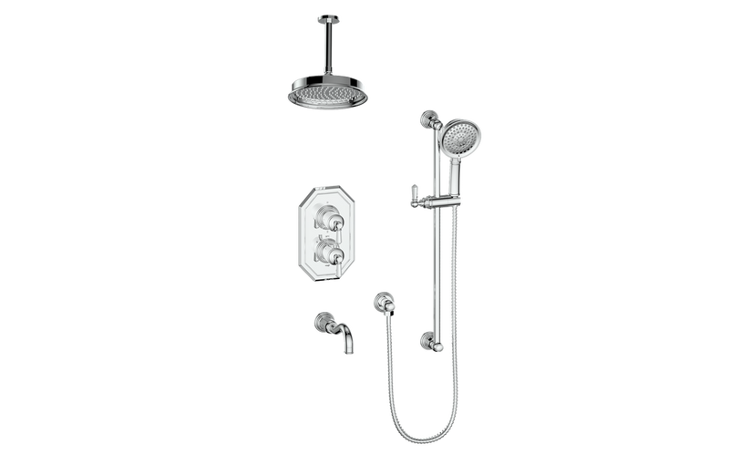 Vogt Carinthia 3-Function Thermostatic Tub & Shower System with 8" Rain Head, Hand Shower & Tub Spout – Ceiling-Mount – Chrome – SET.C22.320.316.CC
